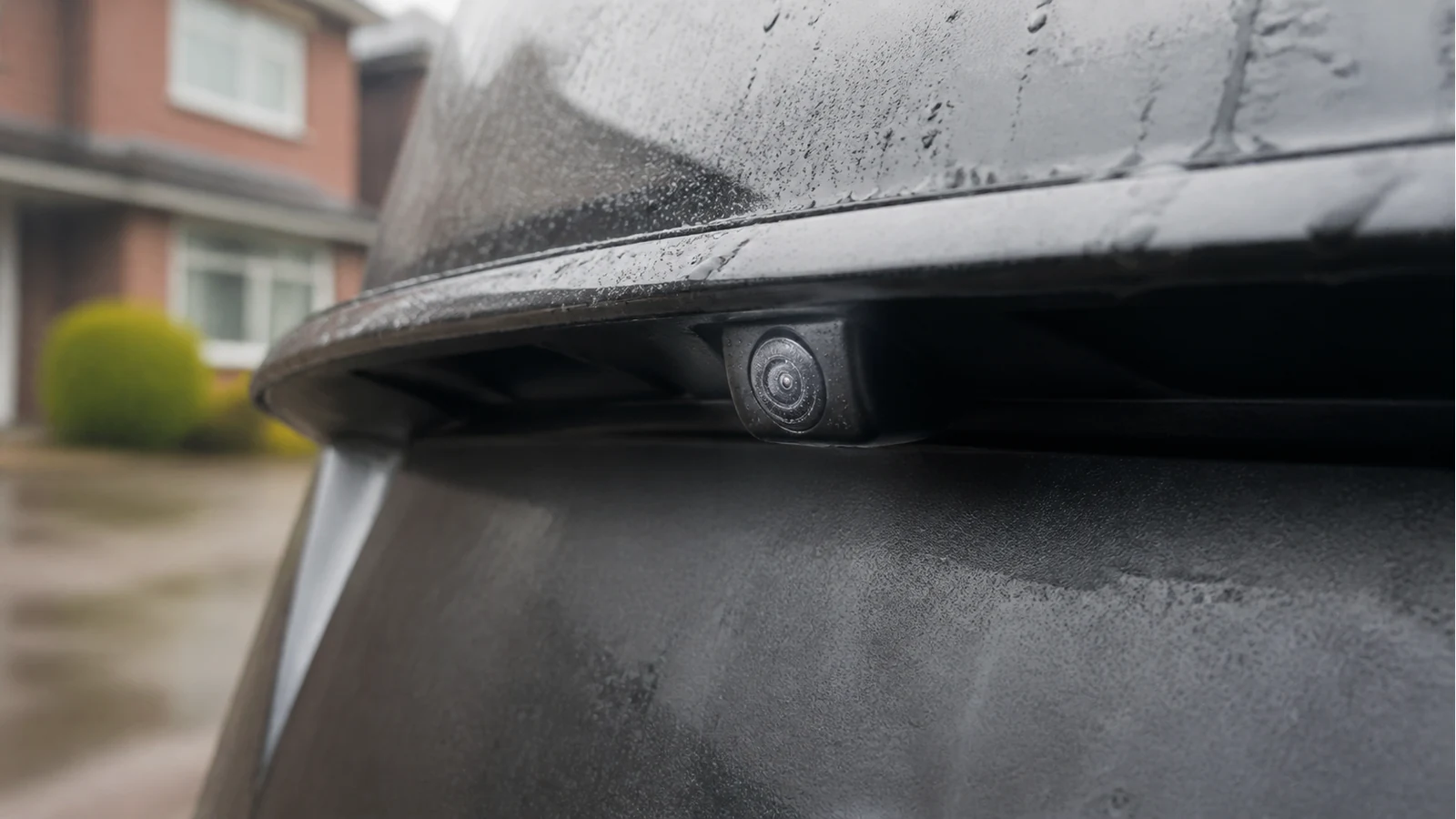 Close-up of a car reversing camera lens showing condensation on a damp UK driveway