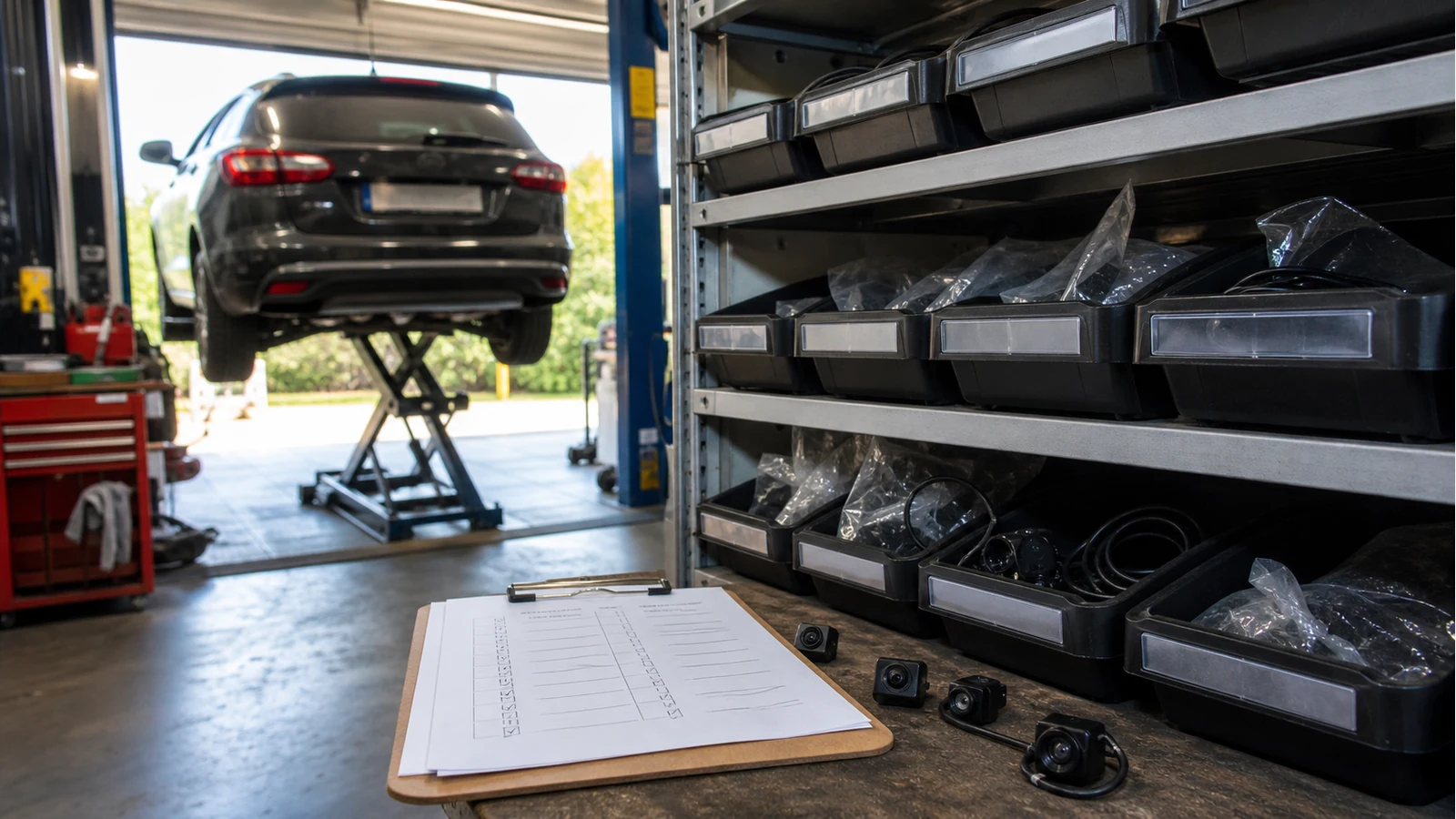 Independent garage parts shelf with reversing camera modules and a stocking checklist