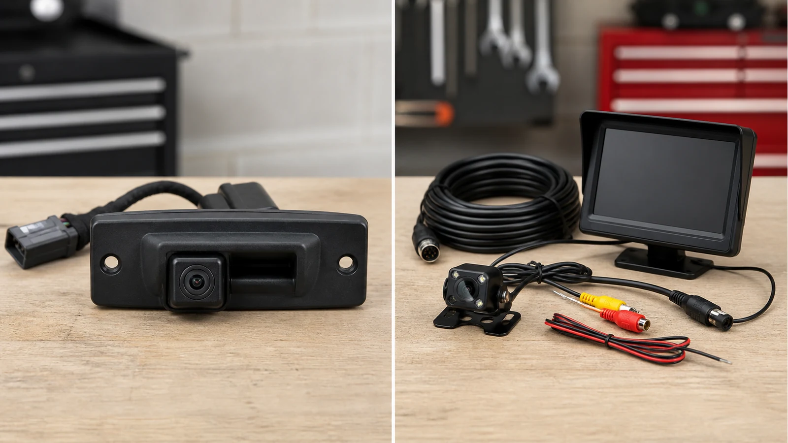 Side-by-side comparison of an OEM-style reversing camera module and an aftermarket kit
