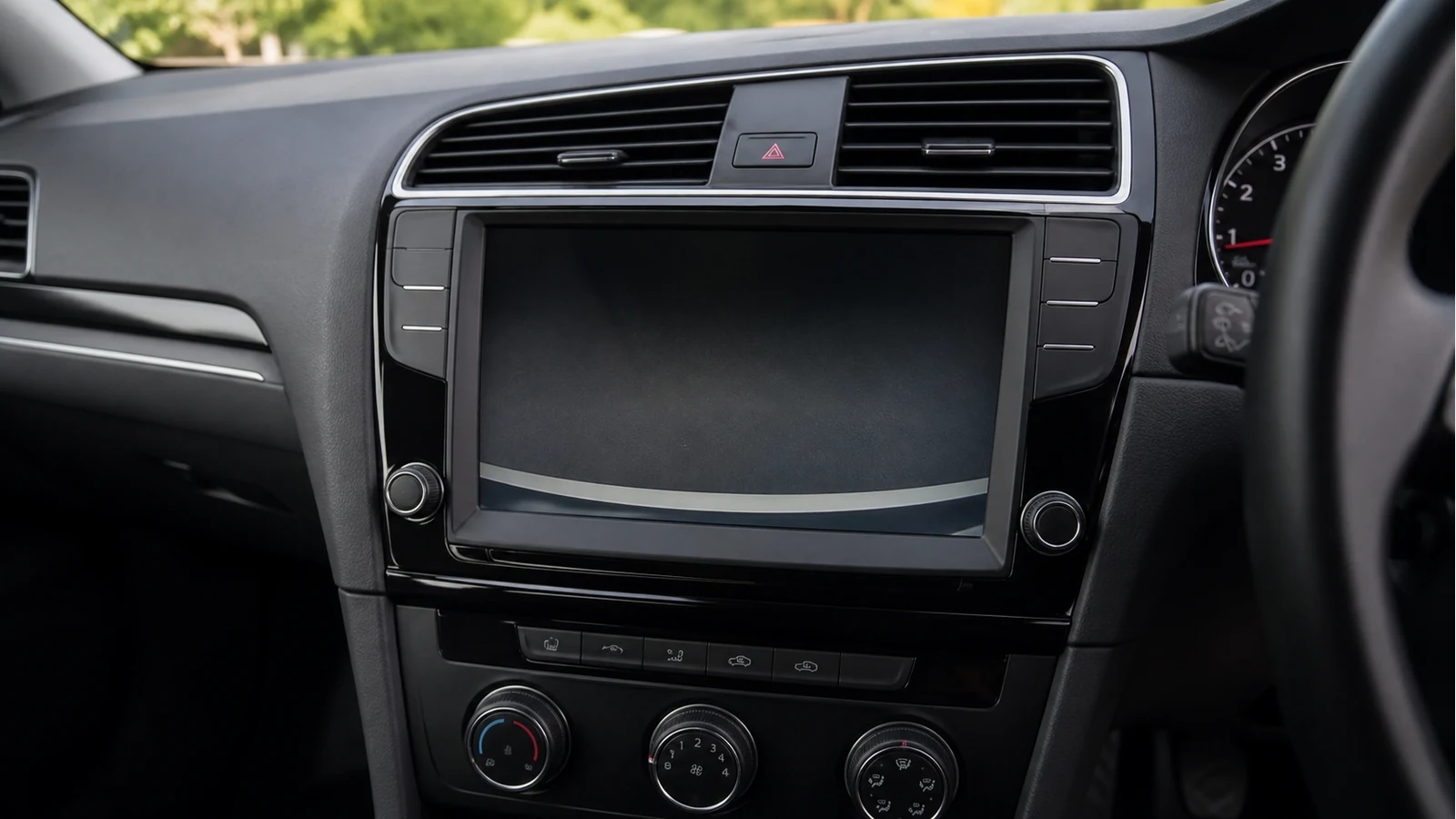 Car dashboard screen showing a blank reversing camera feed during troubleshooting