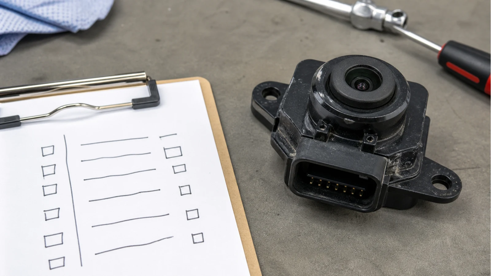 Checklist and rear camera connector on a UK garage workbench for part-number matching